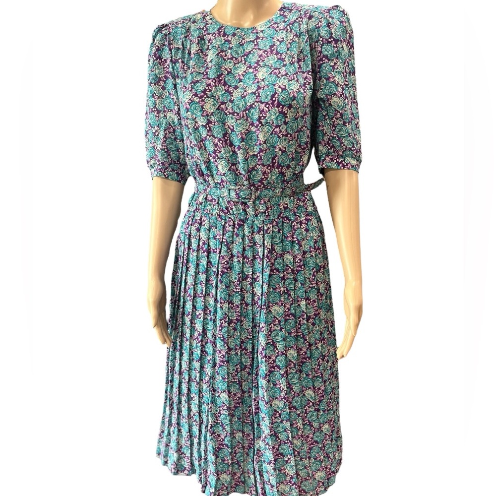 Cottagecore collegiate modesty accordion floral 80’s belted dress 7/8 - Picture 3 of 11
